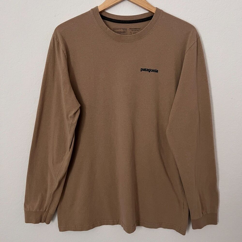 Patagonia Long Sleeve T Shirt Mens Brown Large Regular Responsibili-Tee Logo